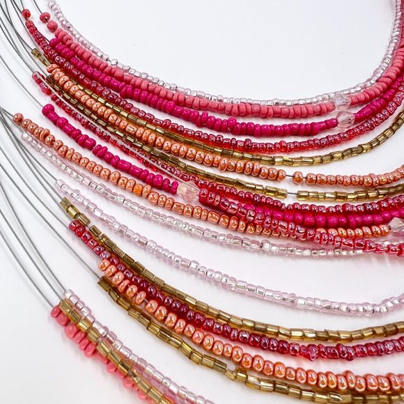 NWT - CJ & Banks - Coral & Pink Seed Bead Layered Silver Tone 18” Wire Necklace - Picture 5 of 9